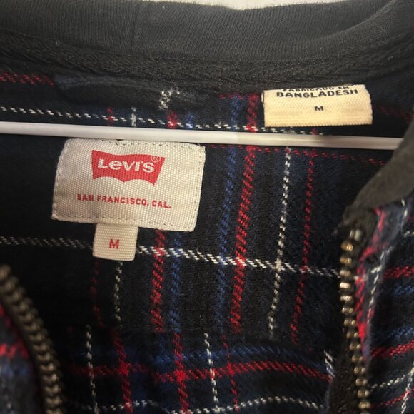 Levis Hooded Plaid Jacket Mens MEDIUM Blue Black Red Cotton Lumberjack - Picture 3 of 4
